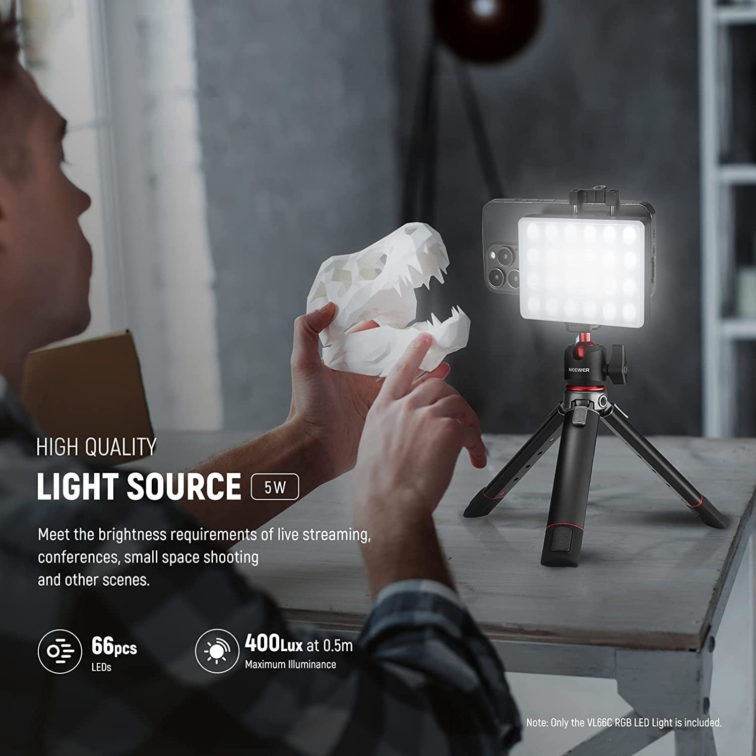 RGB LED Light for Phone with Phone Holder & Light Clip, Dimmable CRI 97+ 3 Modes Phone Light, Built in 2000Mah Battery for Tablet/Laptop/Video Conference/Tiktok/Selfie/Vlog/Live Stream, VL66C